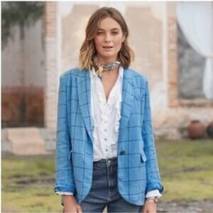 Sundance Iris Linen Windowpane Plaid Blue‎ Blazer Size XS